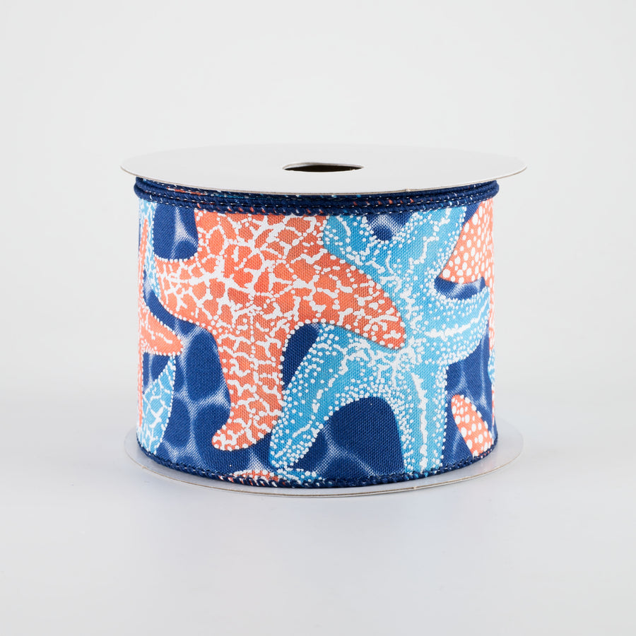 2.5" Starfish in Navy Water Ribbon: Coral & Blue (10 Yards)
