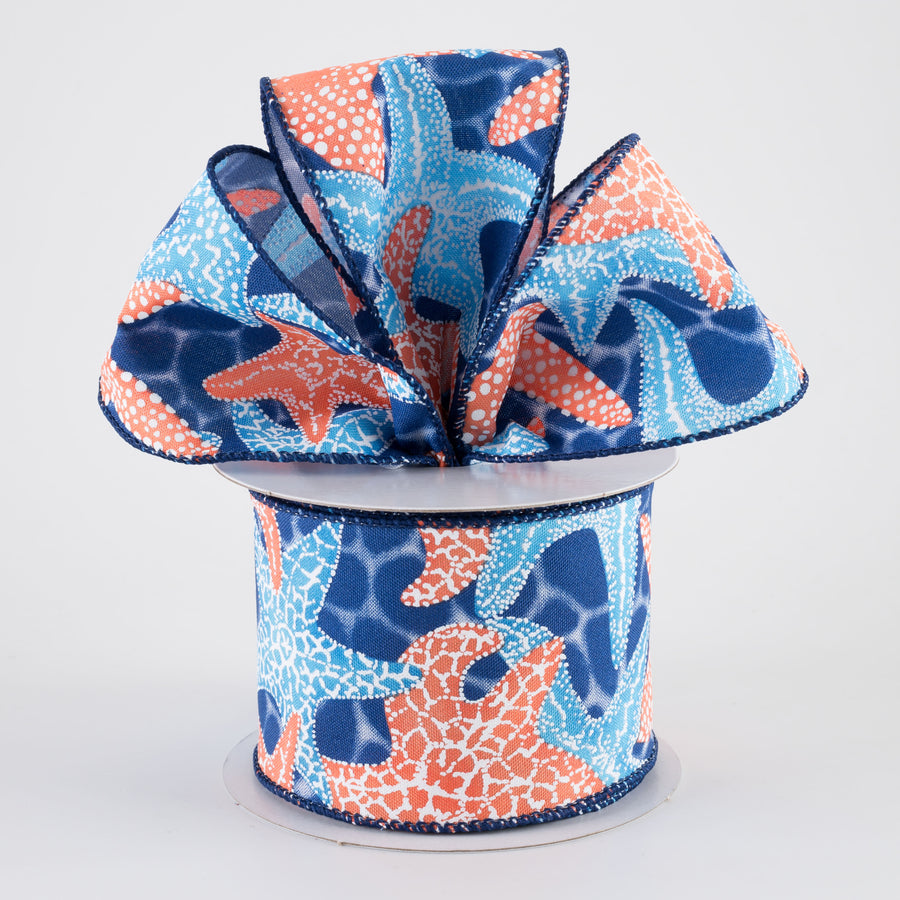 2.5" Starfish in Navy Water Ribbon: Coral & Blue (10 Yards)