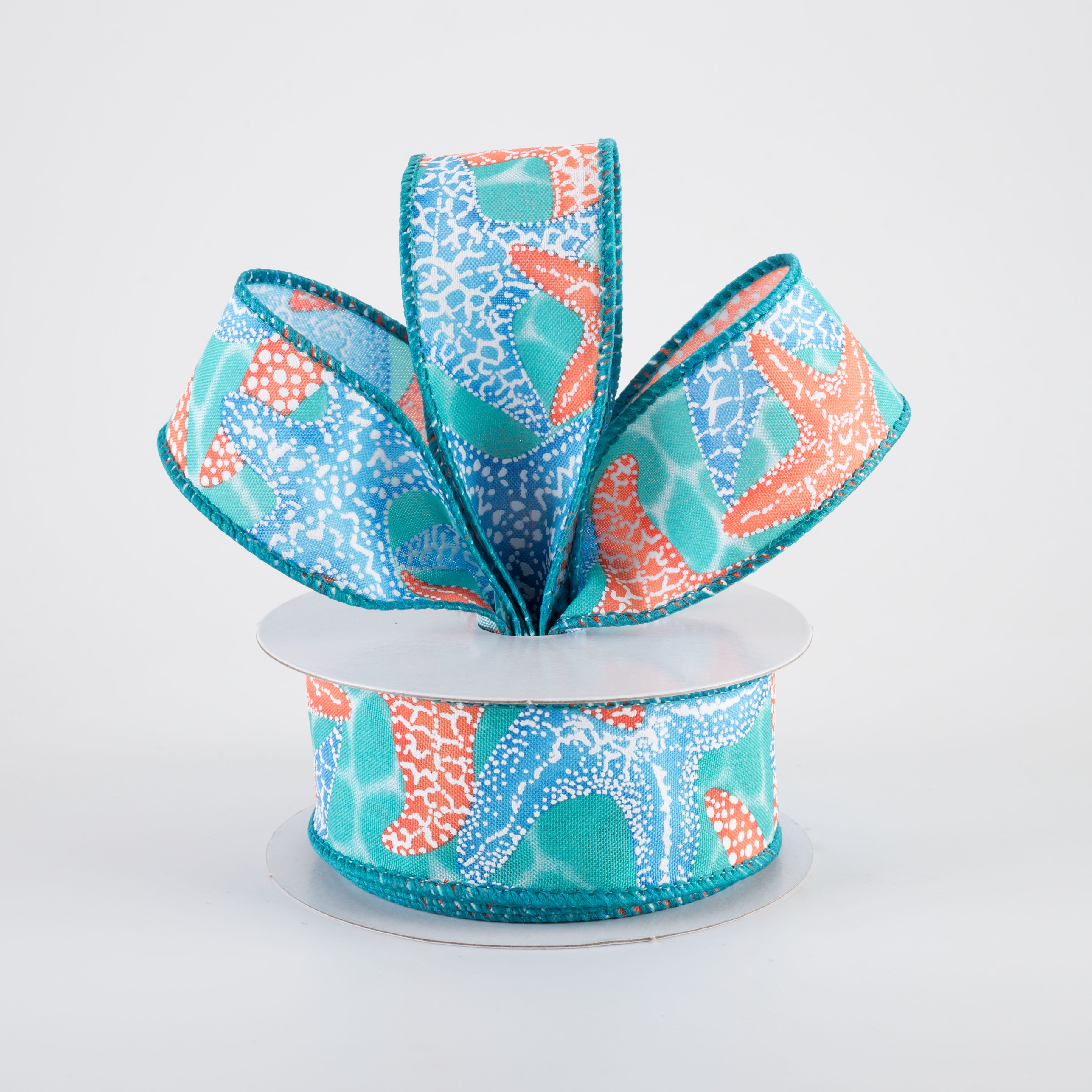 1.5" Starfish in Teal Water Ribbon: Coral & Blue (10 Yards)
