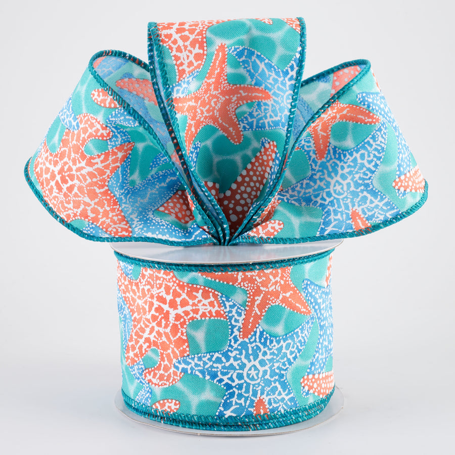 2.5" Starfish in Teal Water Ribbon: Coral & Blue (10 Yards)