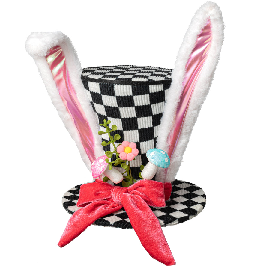12" Black & White Check Bunny Top Hat Decor