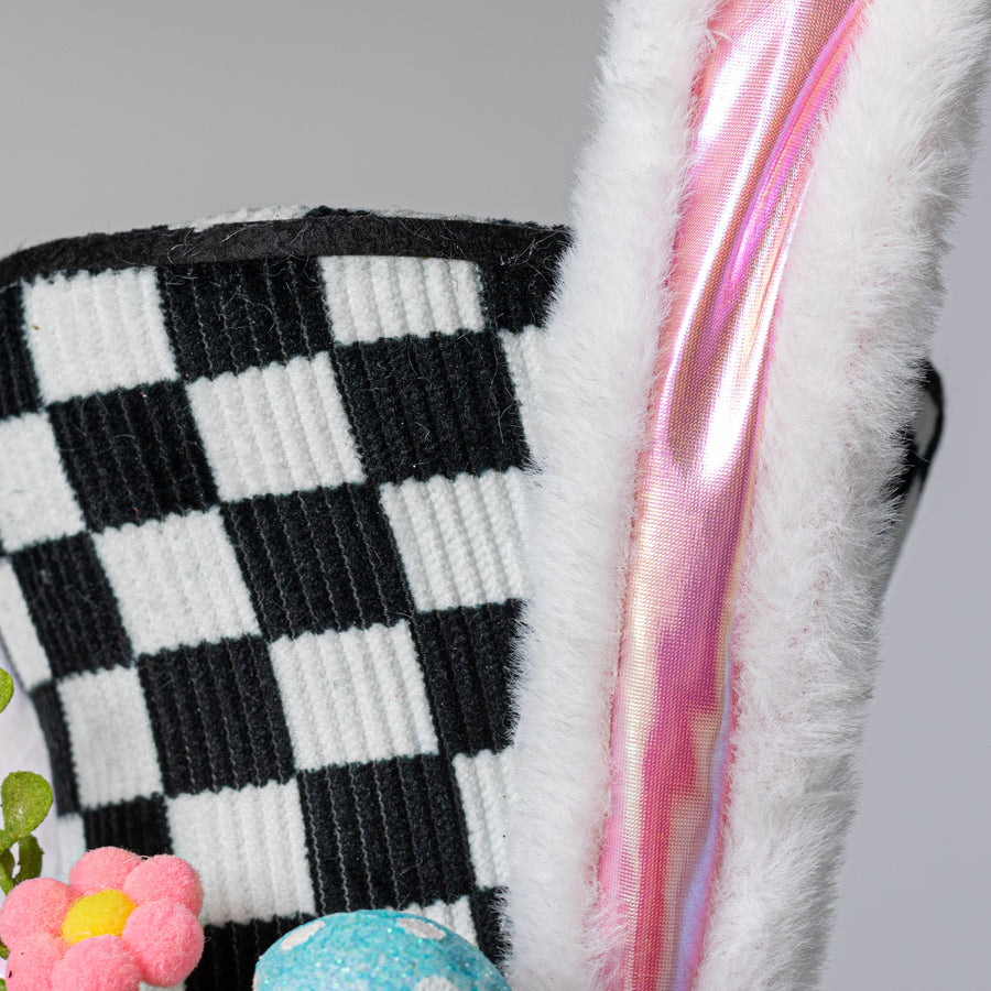 12" Black & White Check Bunny Top Hat Decor
