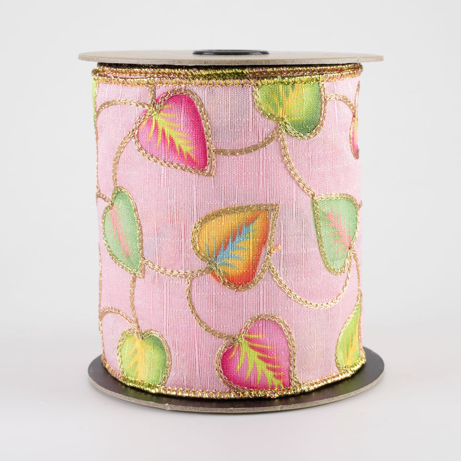 [D Stevens] 4" Linen Heart Leaves with Emroidered Gold Stems: Pink (5 Yards)