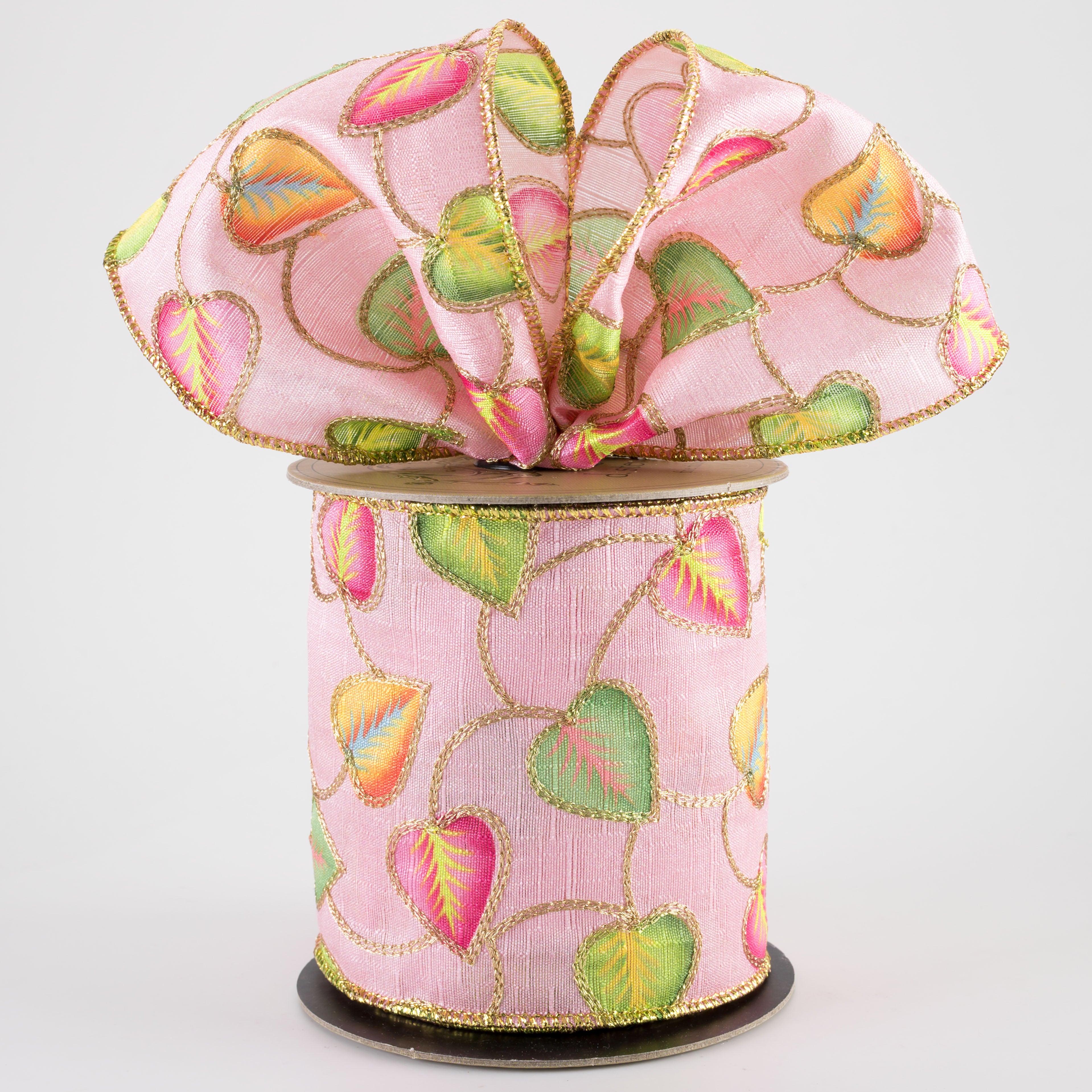 [D Stevens] 4" Linen Heart Leaves with Emroidered Gold Stems: Pink (5 Yards)