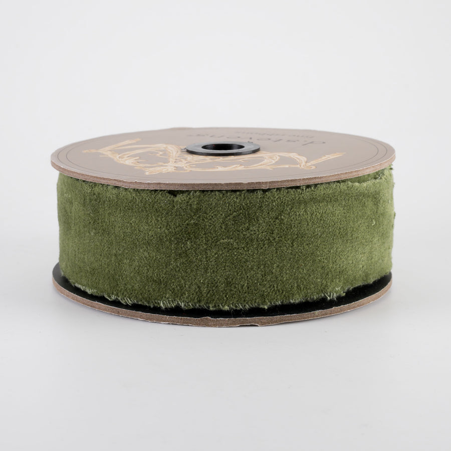[D Stevens] 1.5" Torn Edge Unwired Velvet Ribbon: Olive Green (10 Yards)