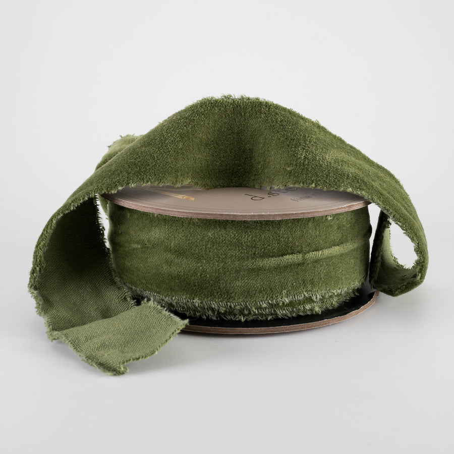 [D Stevens] 1.5" Torn Edge Unwired Velvet Ribbon: Olive Green (10 Yards)