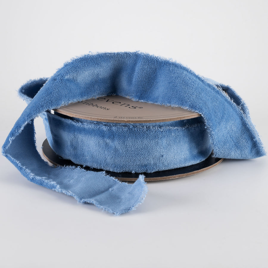 [D Stevens] 1.5" Torn Edge Unwired Velvet Ribbon: Cadet Blue (10 Yards)