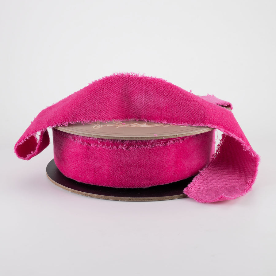 [D Stevens] 1.5" Torn Edge Unwired Velvet Ribbon: Magenta Pink (10 Yards)