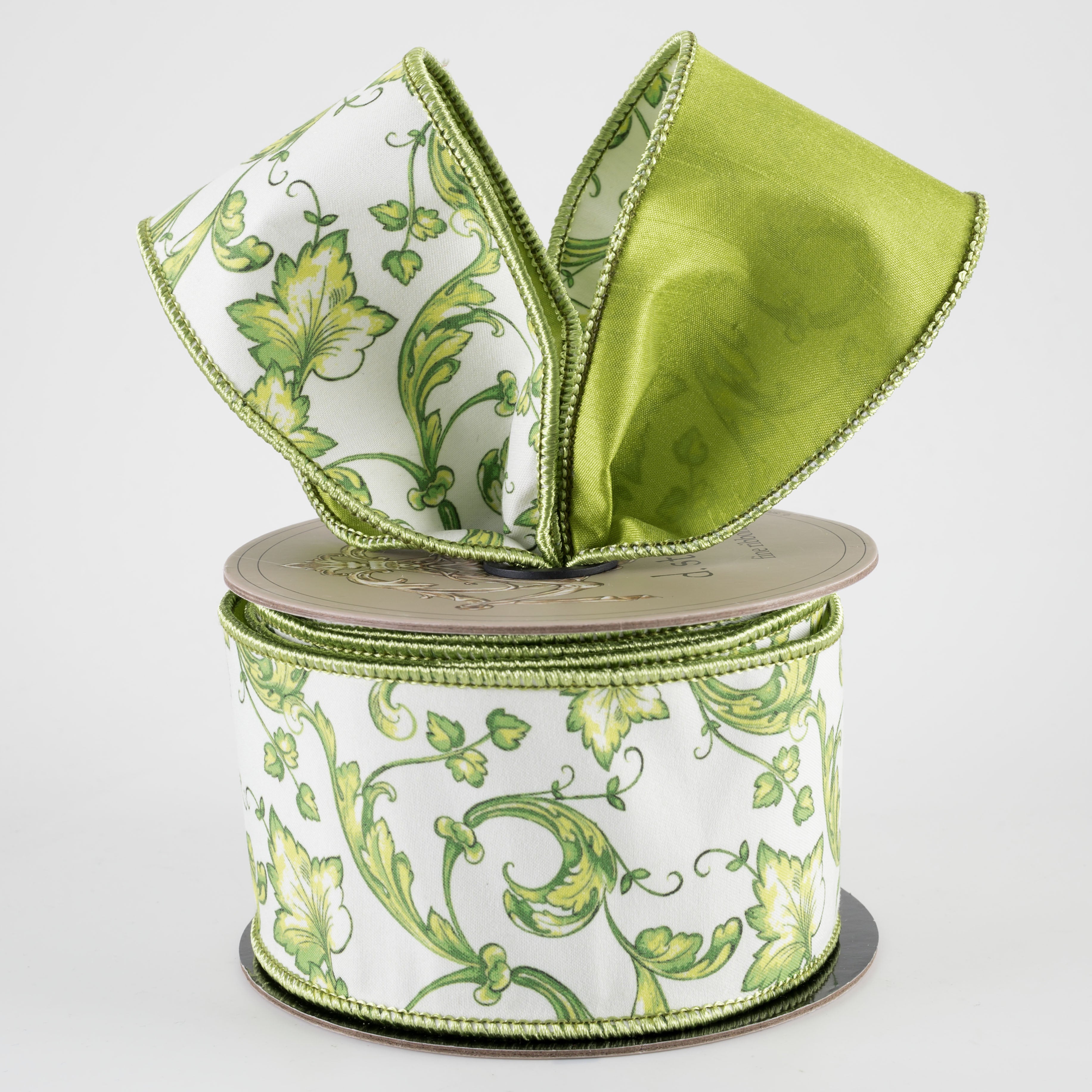 [D Stevens] 2.5" Taffeta Acanthus Scroll Chinoiserie Ribbon: Lime & White (10 Yards)
