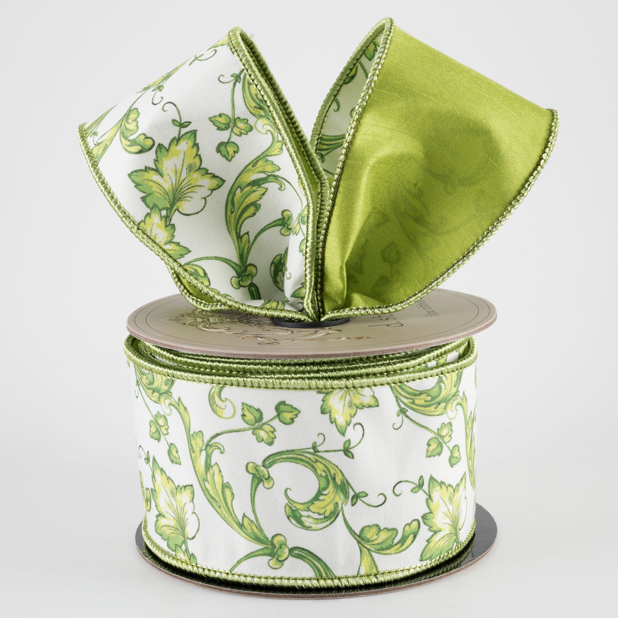 [D Stevens] 2.5" Taffeta Acanthus Scroll Chinoiserie Ribbon: Lime & White (10 Yards)