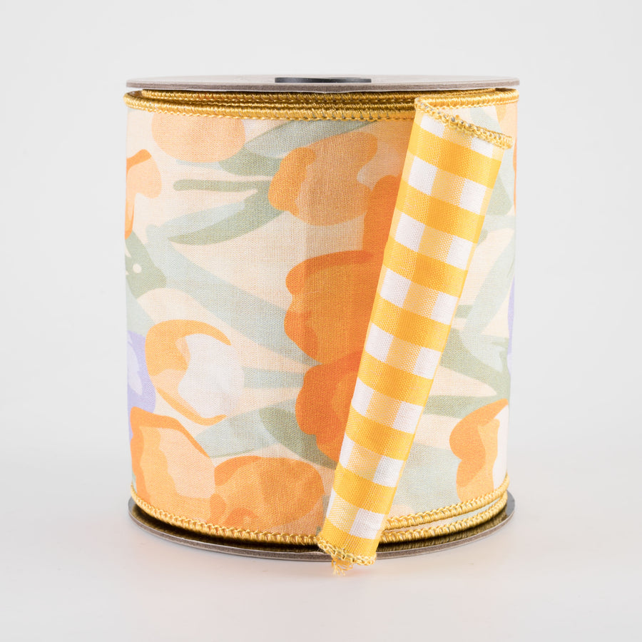 [D Stevens] 4" Poplin Watercolor Tulips Check Back Ribbon: Yellow (5 Yards)