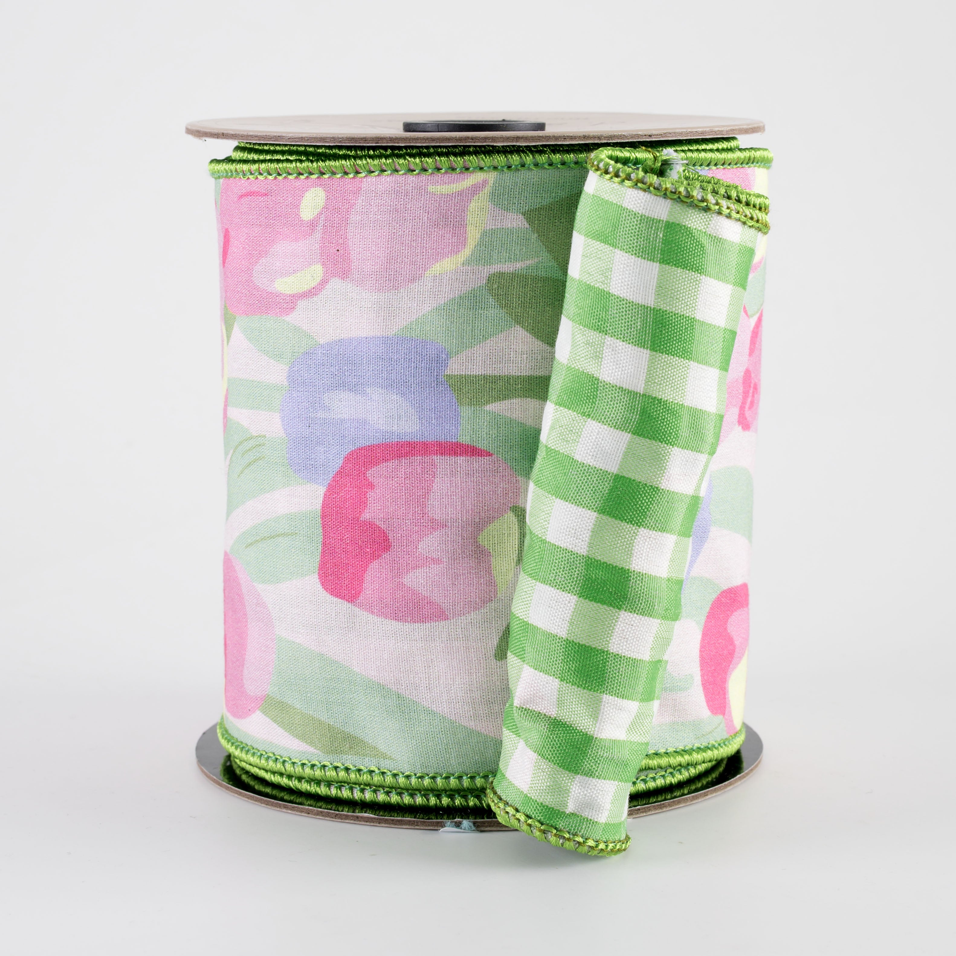 [D Stevens] 4" Poplin Watercolor Tulip Check Back Ribbon: Green (5 Yards)