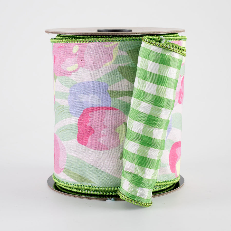 [D Stevens] 4" Poplin Watercolor Tulip Check Back Ribbon: Green (5 Yards)