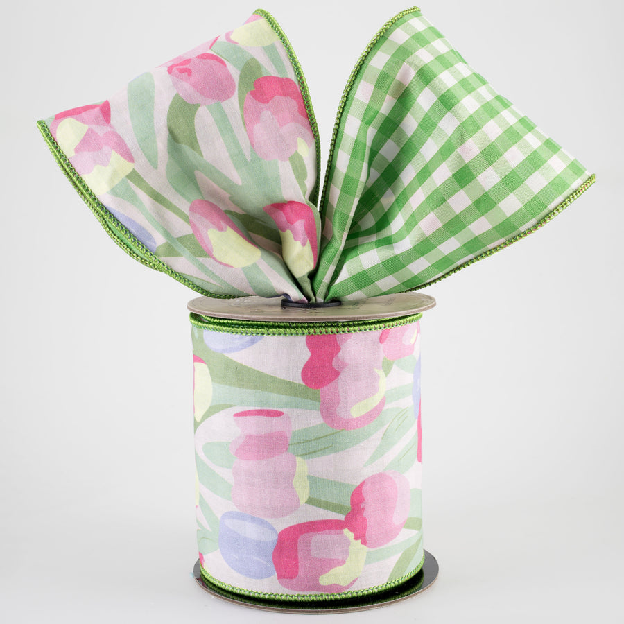 [D Stevens] 4" Poplin Watercolor Tulip Check Back Ribbon: Green (5 Yards)