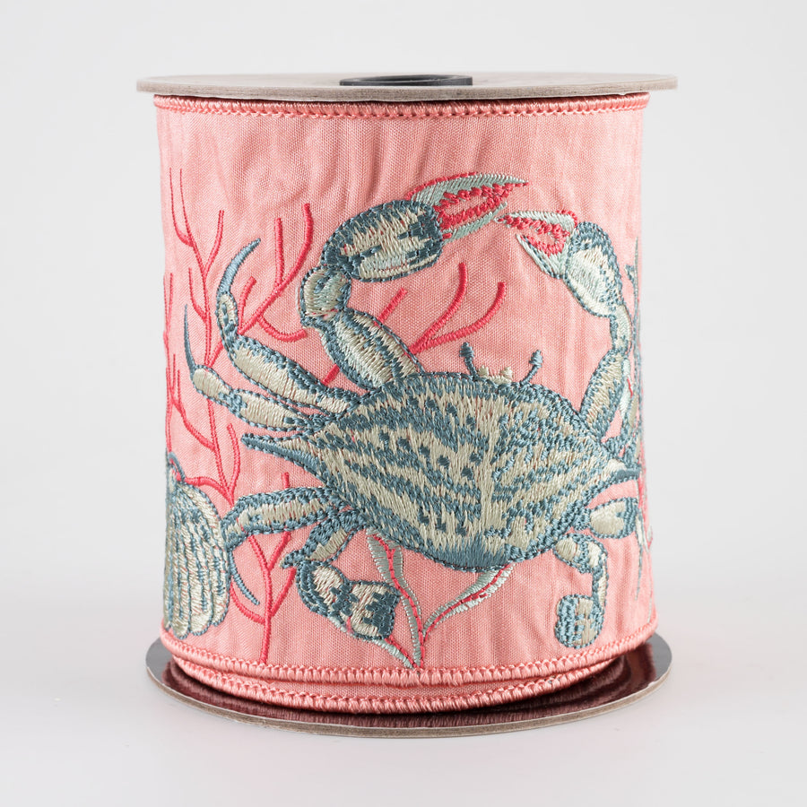 [D Stevens] 4" Dupioni Embroidered Blue Crab & Sea Urchin Ribbon (5 Yards)