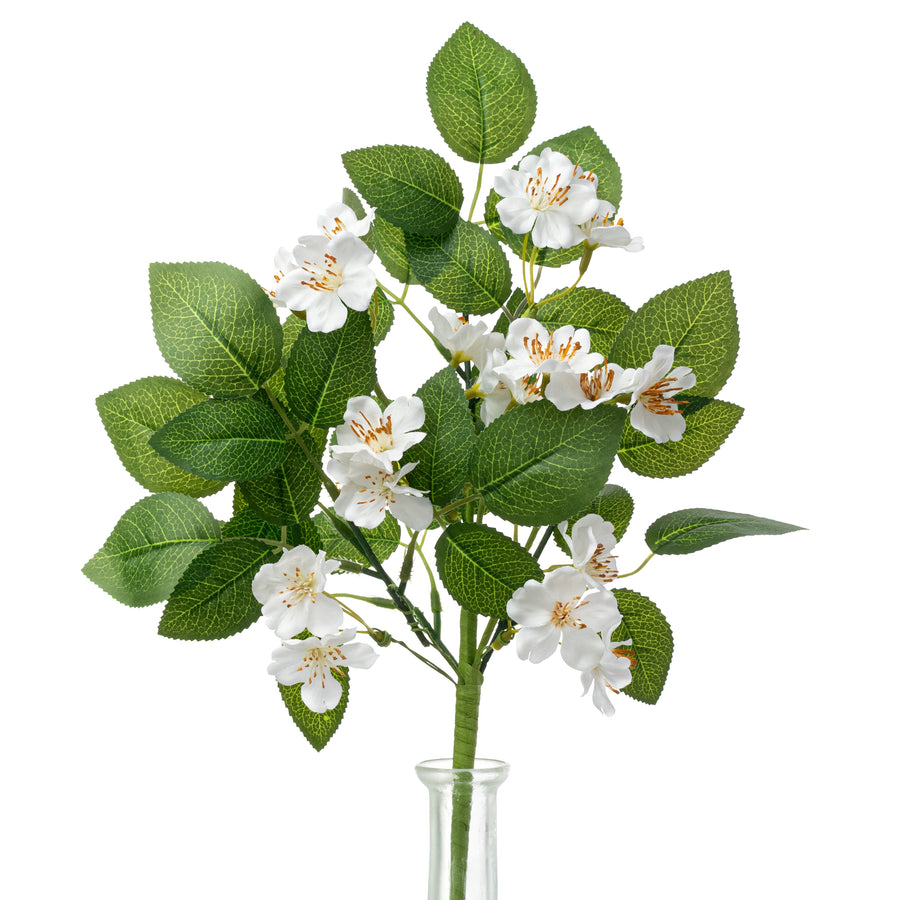 16" Mini Wild Roses & Leaves Spray: White