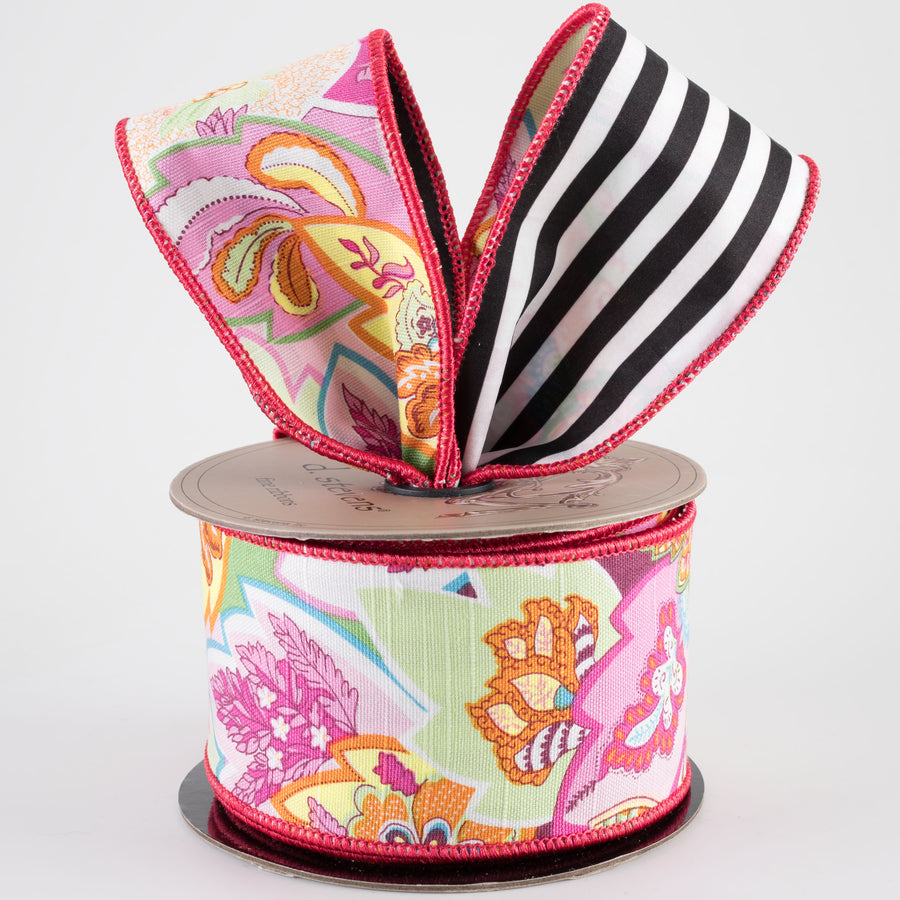 [D Stevens] 2.5" Cotton Floral Paisley Stripe Ribbon (10 Yards)