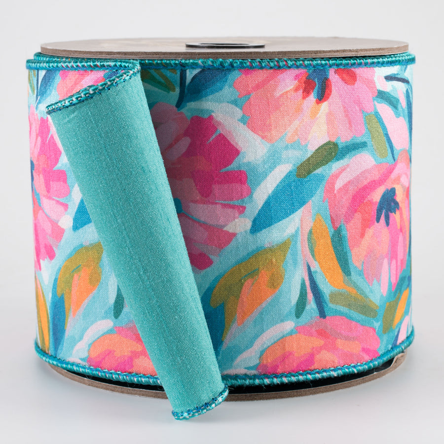 [D Stevens] 4" Dupioni Hand Drawn Abstract Flowers Ribbon: Teal (10 Yards)