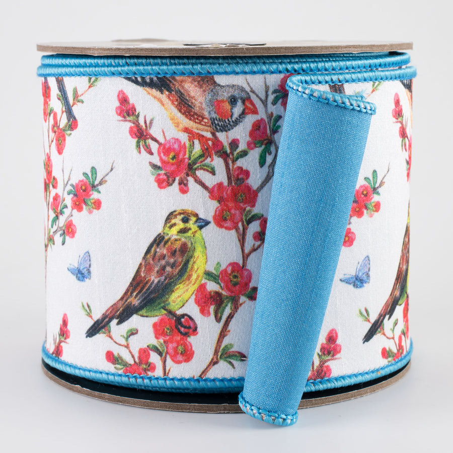 [D Stevens] 4" Dupioni Quince Blossoms & Birds Ribbon: Blue (10 Yards)