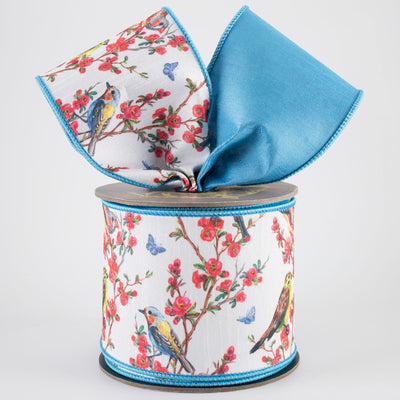 [D Stevens] 4" Dupioni Quince Blossoms & Birds Ribbon: Blue (10 Yards)