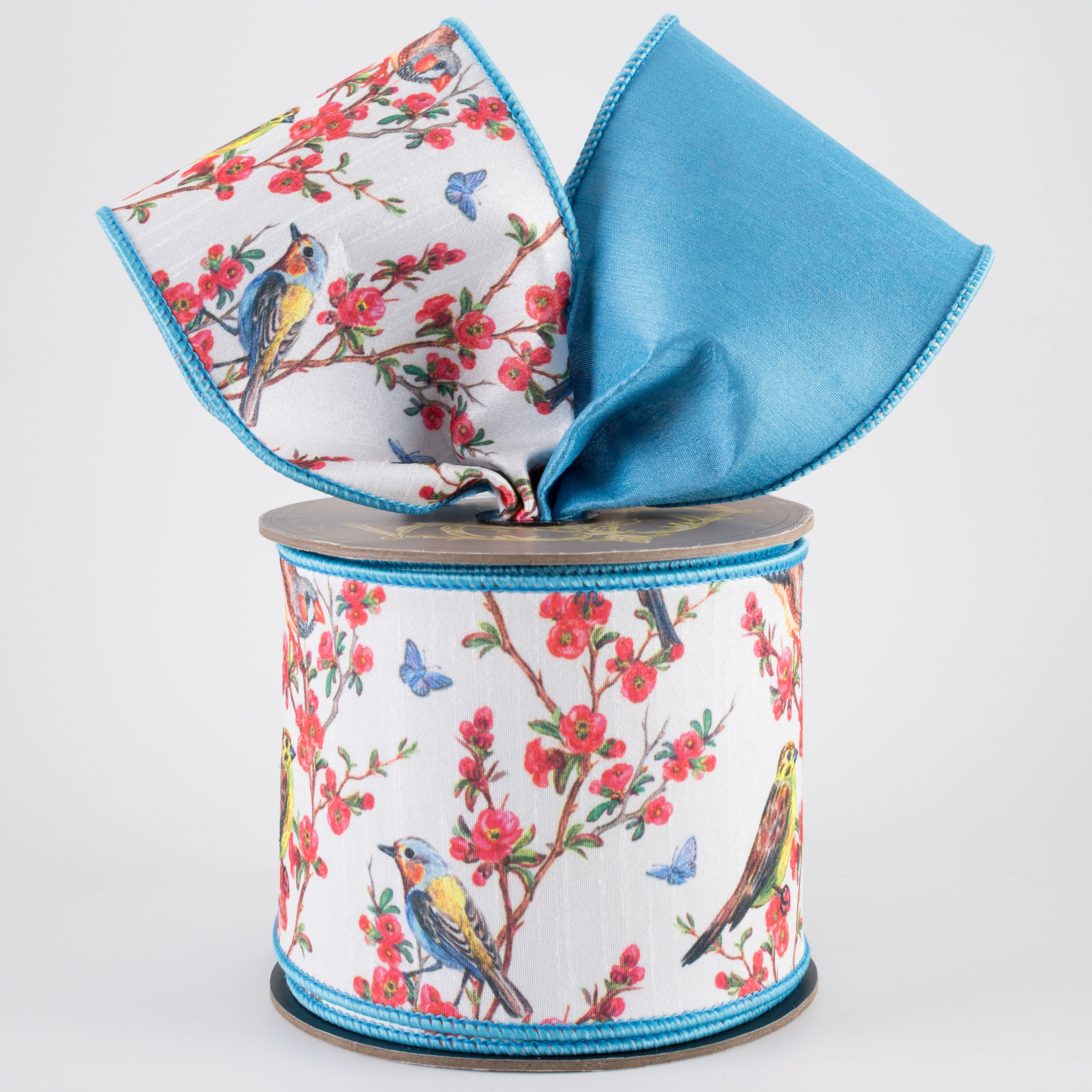 [D Stevens] 4" Dupioni Quince Blossoms & Birds Ribbon: Blue (10 Yards)