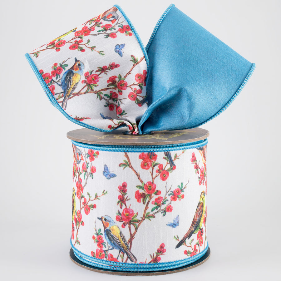 [D Stevens] 4" Dupioni Quince Blossoms & Birds Ribbon: Blue (10 Yards)