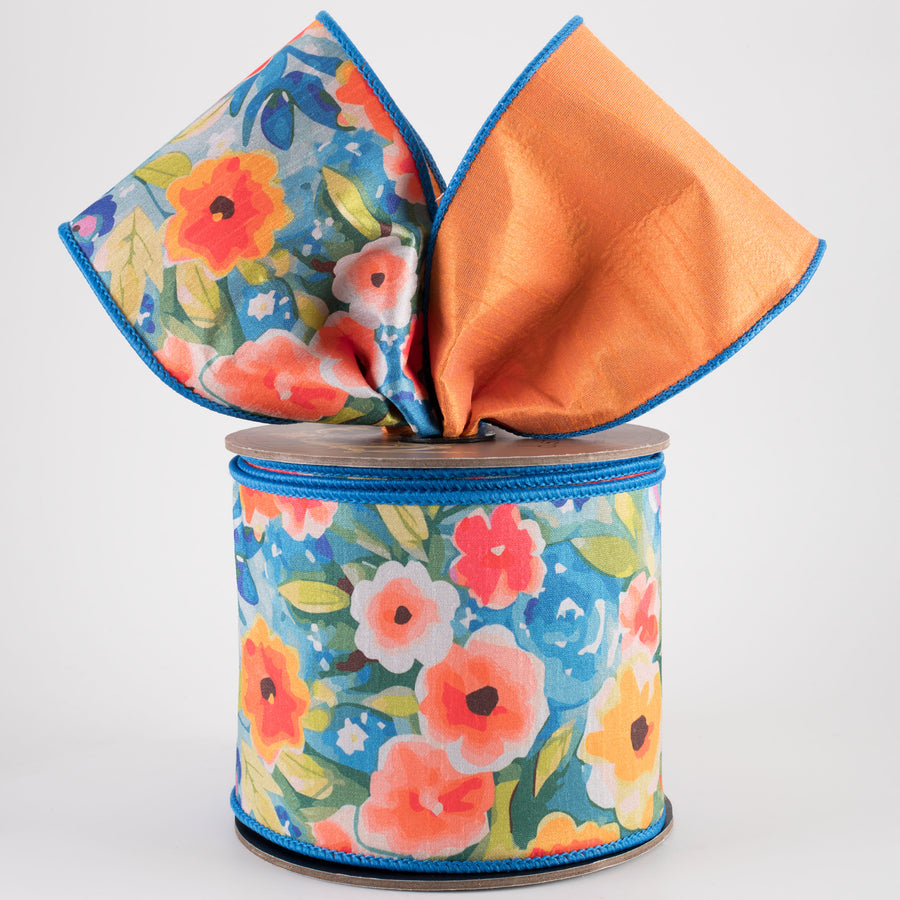 [D Stevens] 4" Dupioni Watercolor Floral Garden Ribbon: Orange (10 Yards)