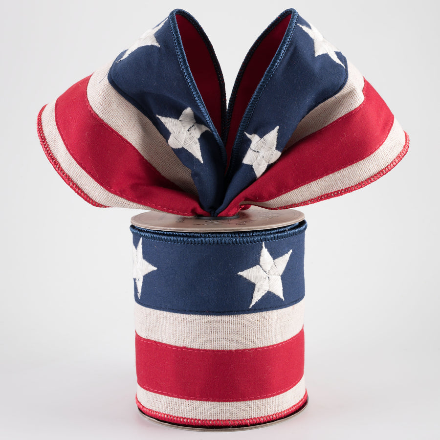 [D Stevens] 4" Canvas Embroidery Stars & Stripes Ribbon (5 Yards)