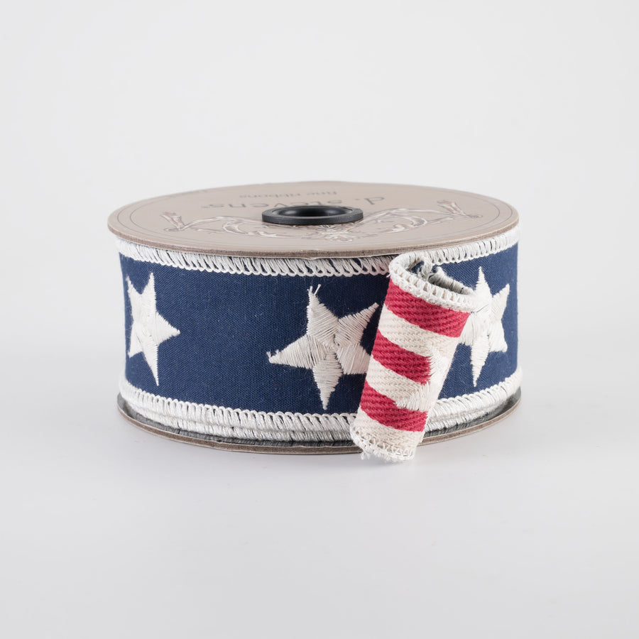[D Stevens] 1.5" Double-Sided Canvas Embroidered Stars & Stripes Ribbon (5 Yards)
