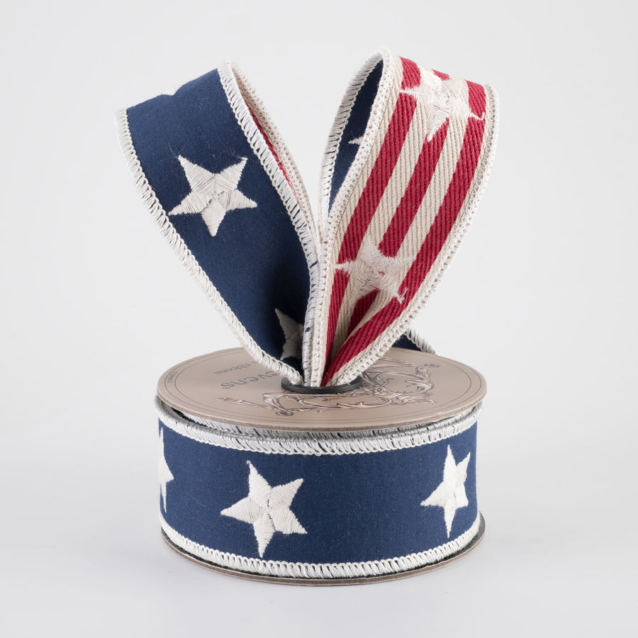 [D Stevens] 1.5" Double-Sided Canvas Embroidered Stars & Stripes Ribbon (5 Yards)