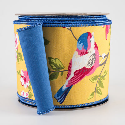 [D Stevens] 4" Canvas Blue Birds & Cherry Blossoms Ribbon: Blue (10 Yards)