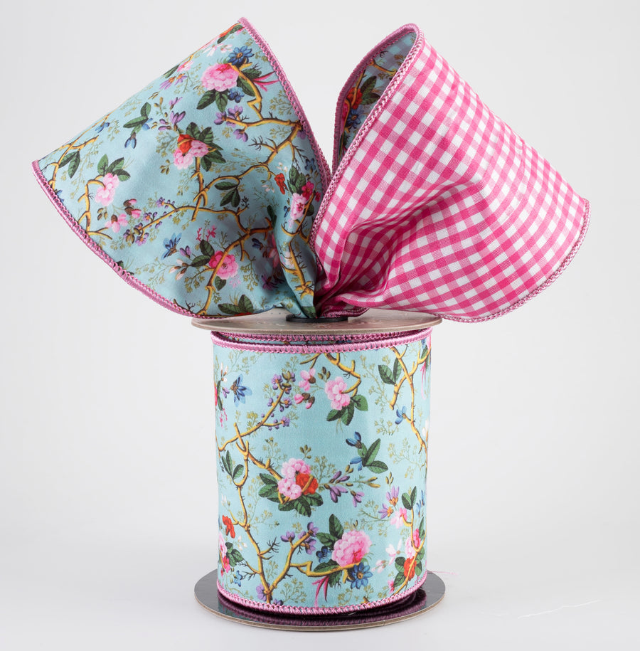 [D Stevens] 4" Poplin Floral Branches Ribbon: Pink Gingham (5 Yards)
