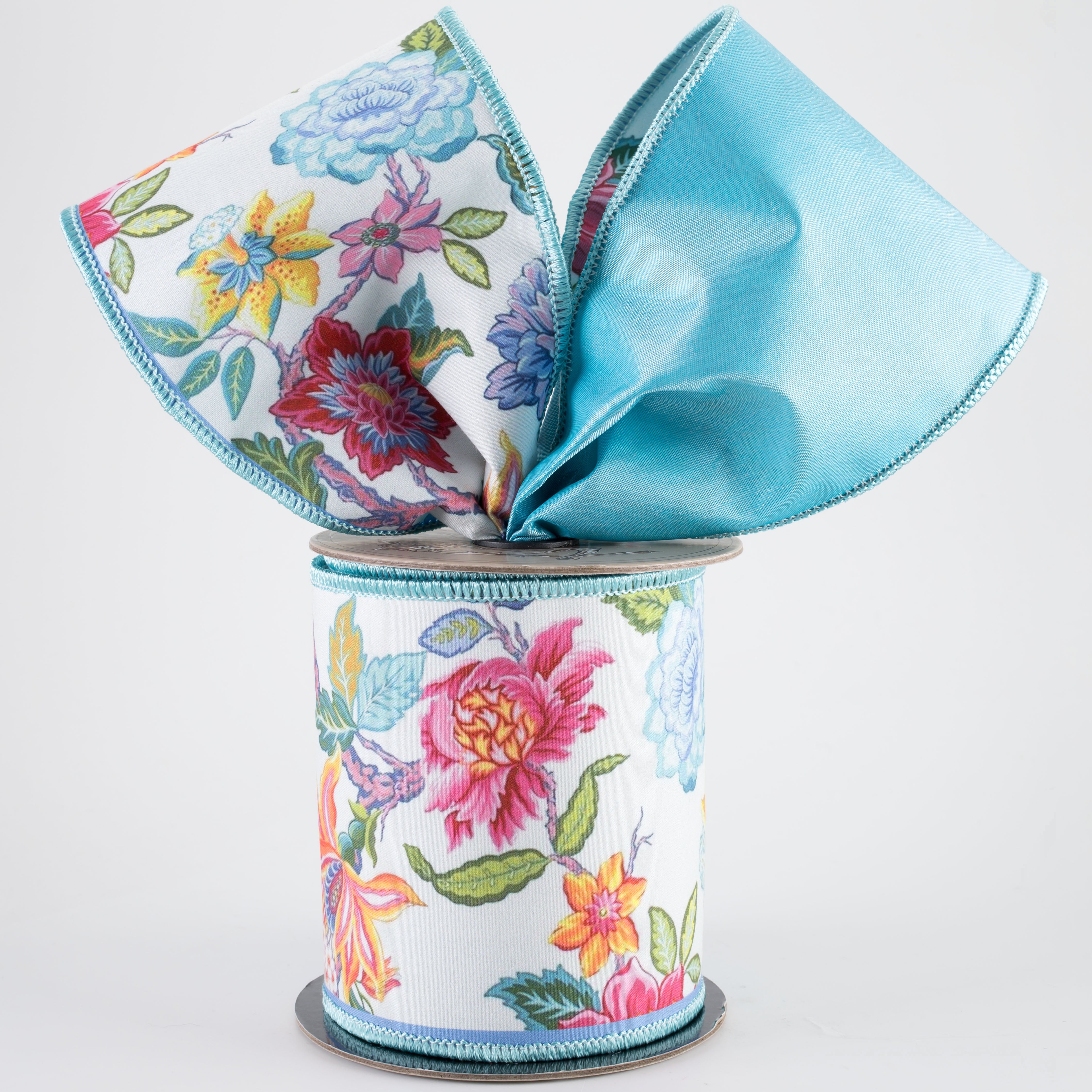 [D Stevens] 4" Poplin Mixed Colorful Floral Ribbon: Blue (5 Yards)