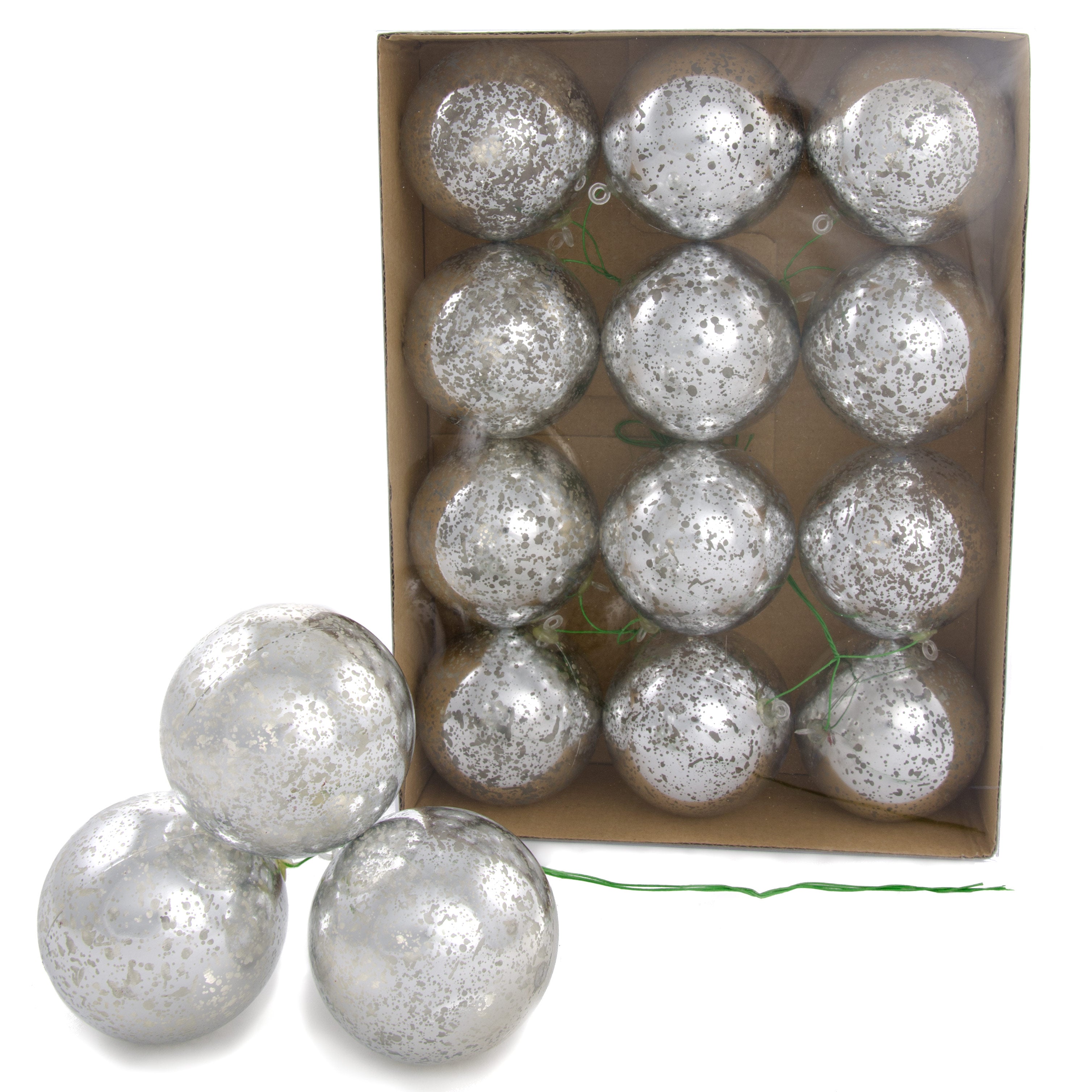 70MM Antique Look Ball Ornament On Wire: Mercury Silver (12)
