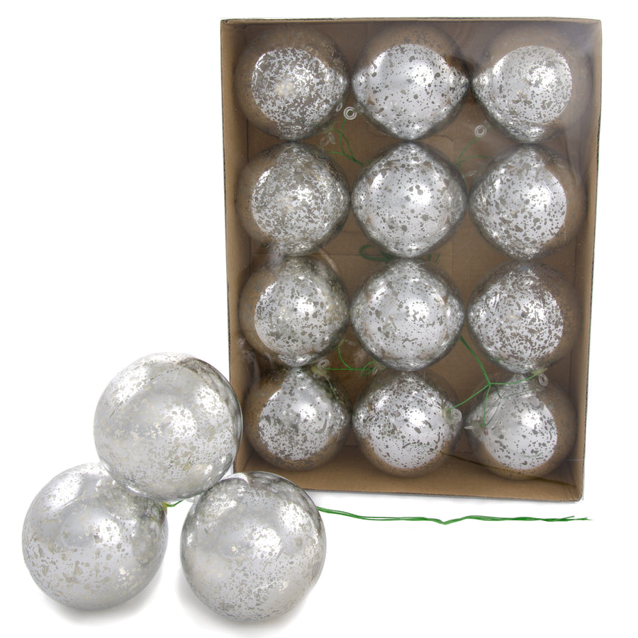 70MM Antique Look Ball Ornament On Wire: Mercury Silver (12)
