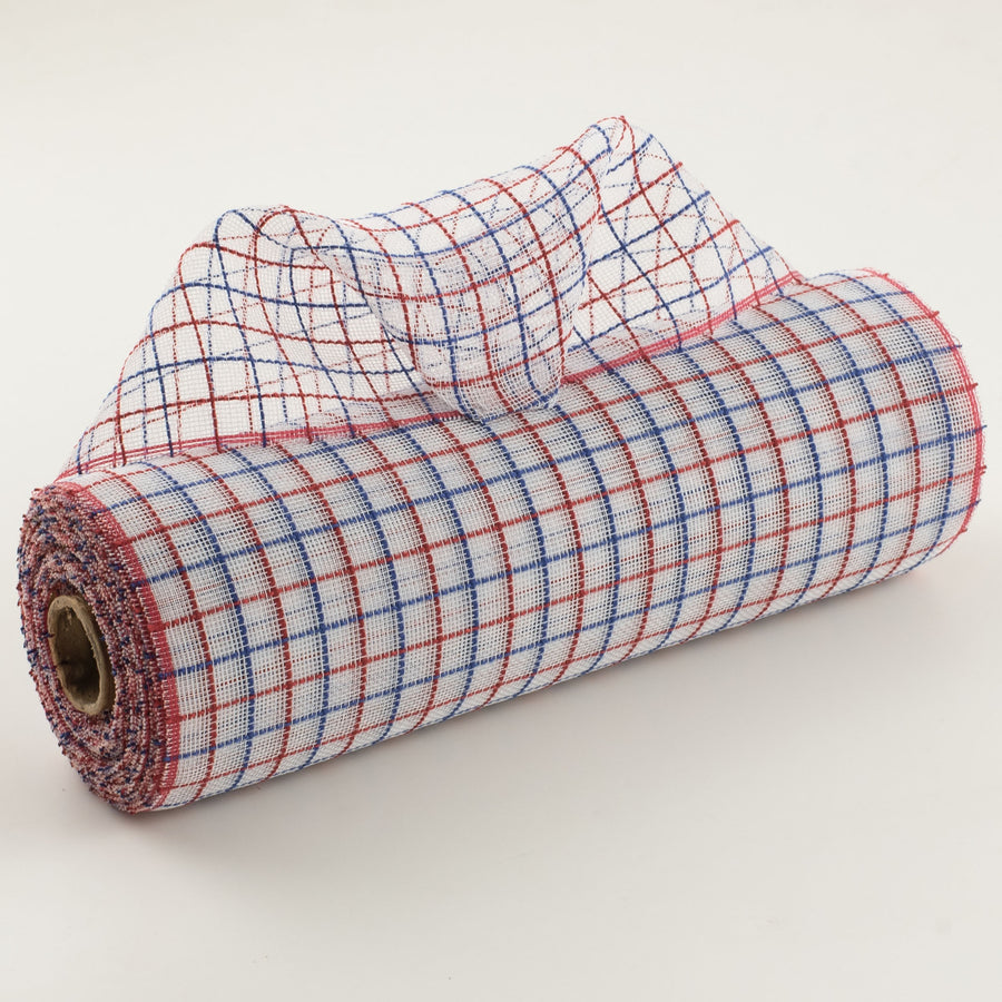 10" Fabric Fine Weave Check Mesh: White with Red & Blue