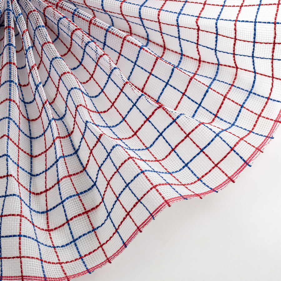 10" Fabric Fine Weave Check Mesh: White with Red & Blue