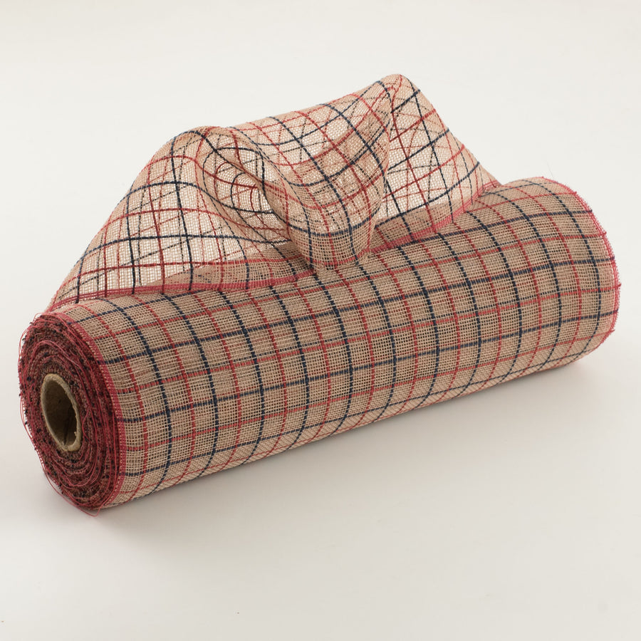 10" Fabric Fine Weave Check Mesh: Natural with Red & Navy