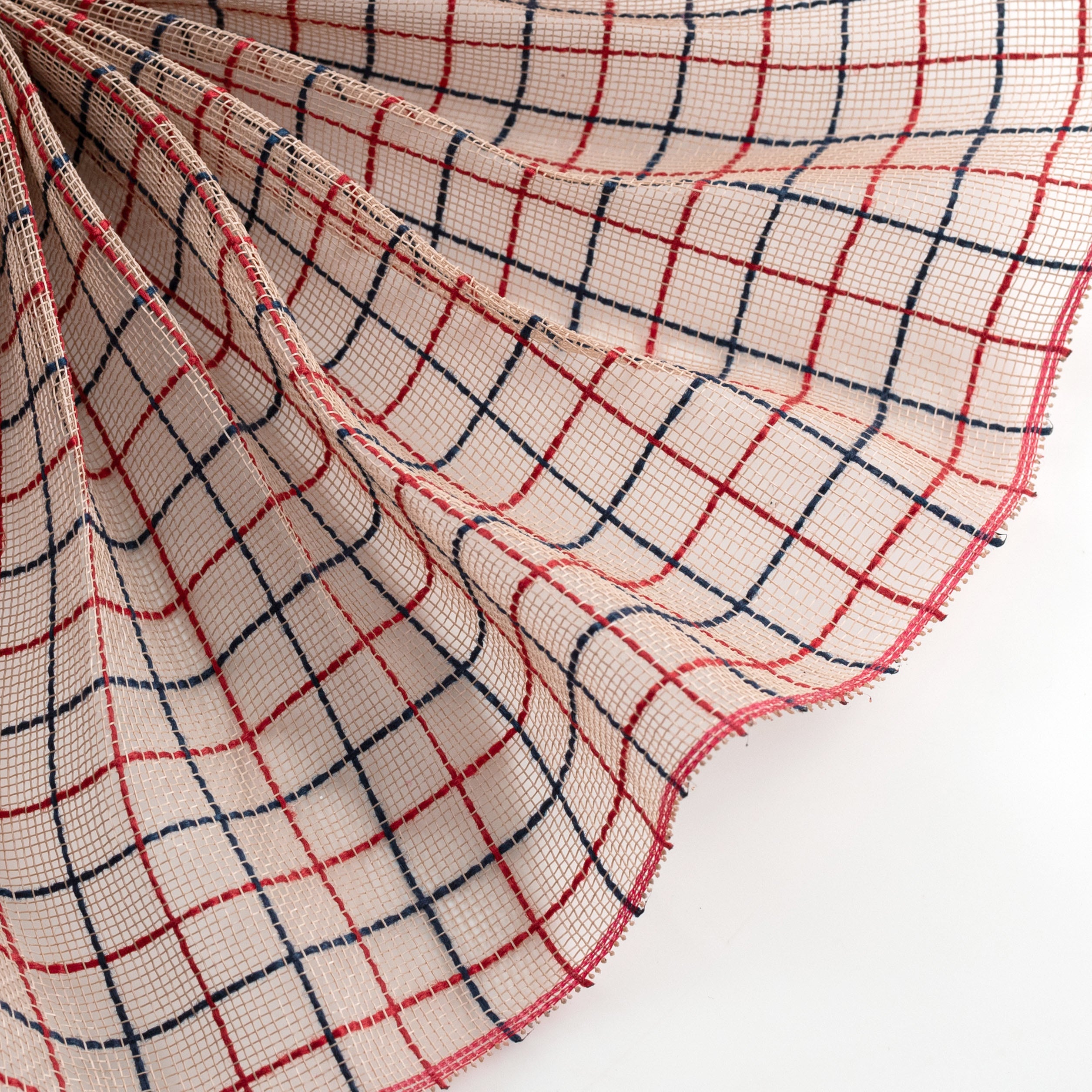 10" Fabric Fine Weave Check Mesh: Natural with Red & Navy