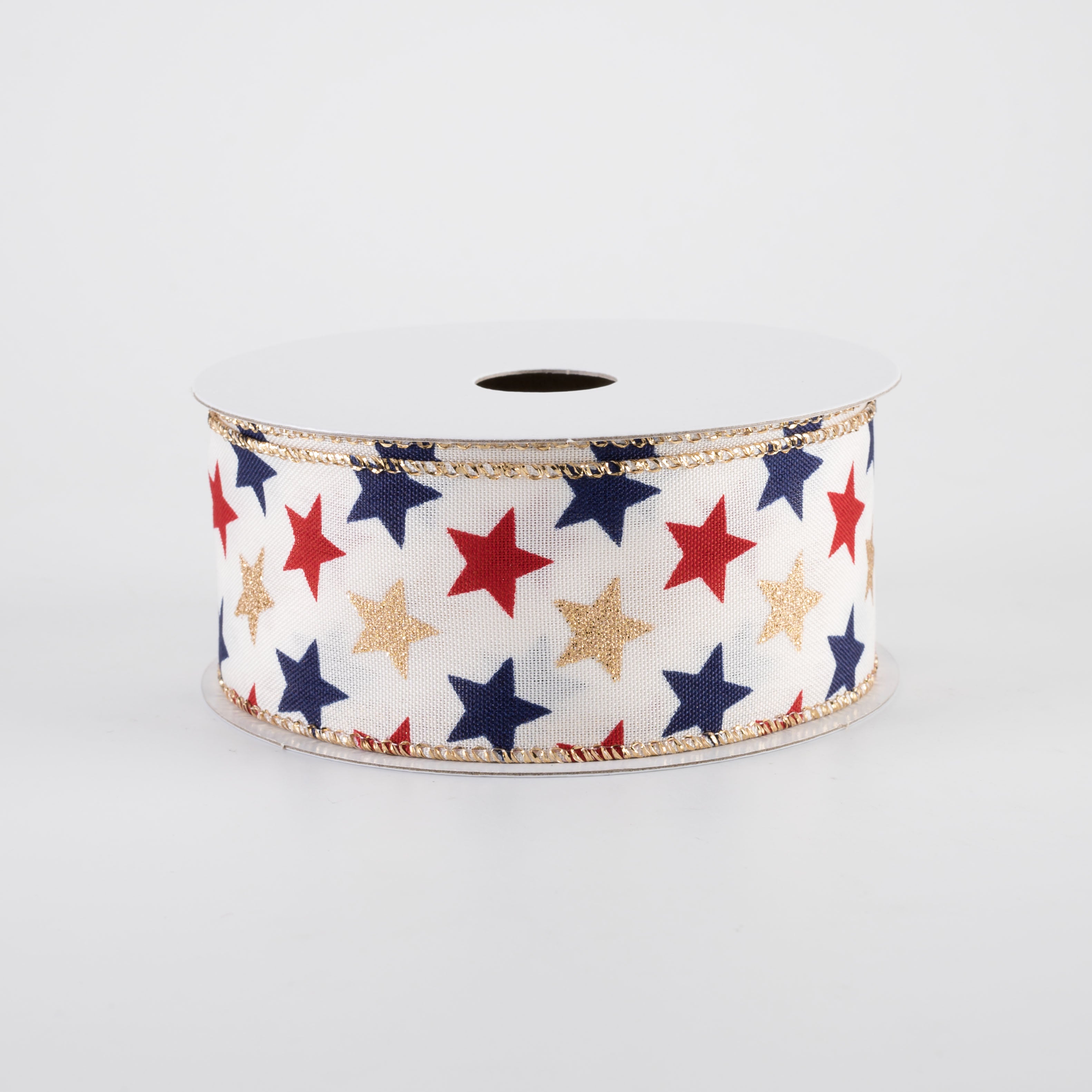1.5" Glitter Stars Ribbon: Navy, Red & Gold on Ivory (10 Yards)