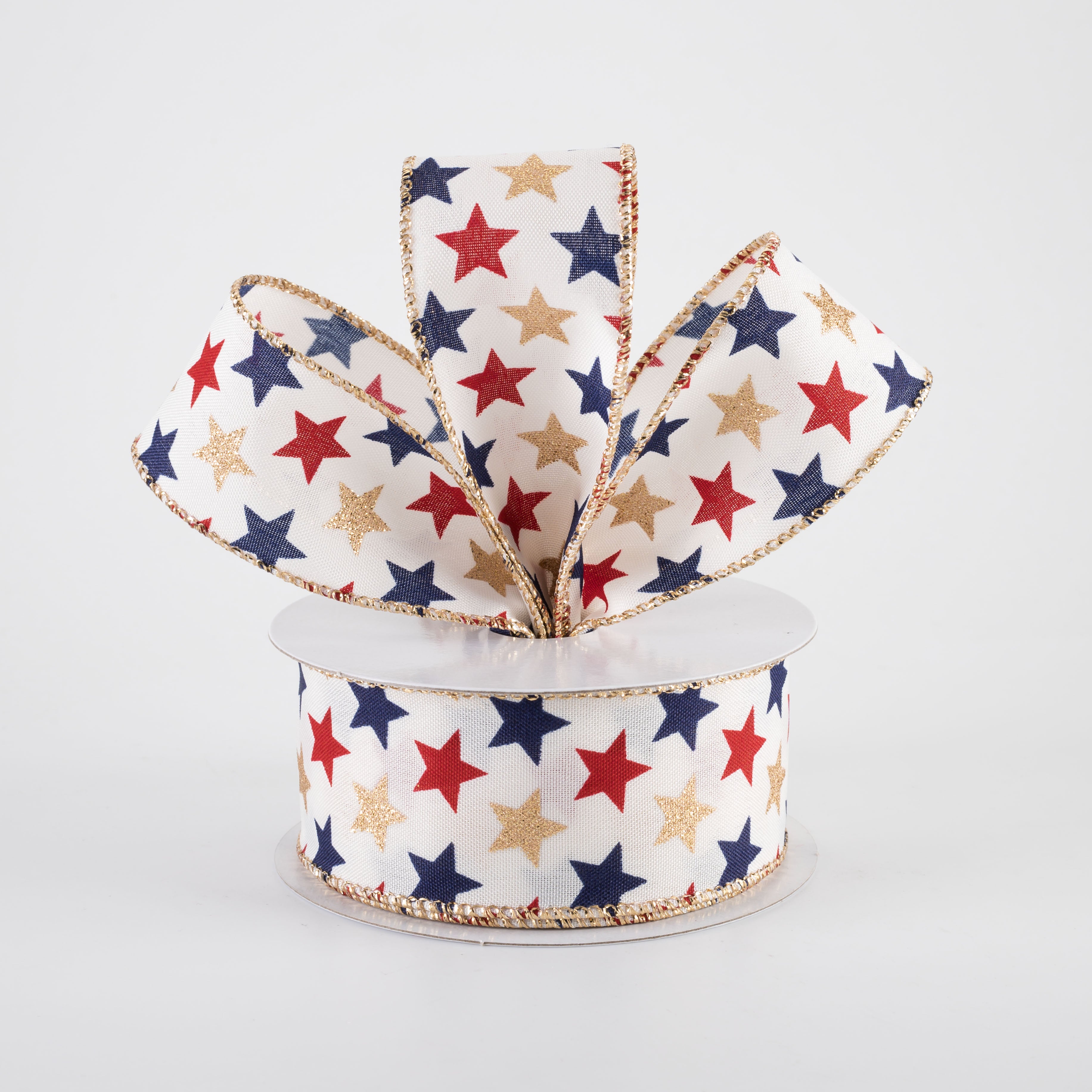1.5" Glitter Stars Ribbon: Navy, Red & Gold on Ivory (10 Yards)