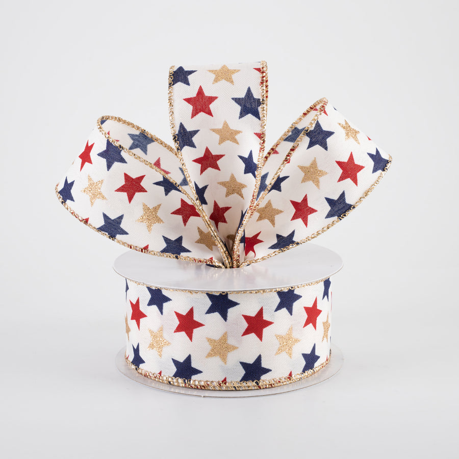 1.5" Glitter Stars Ribbon: Navy, Red & Gold on Ivory (10 Yards)