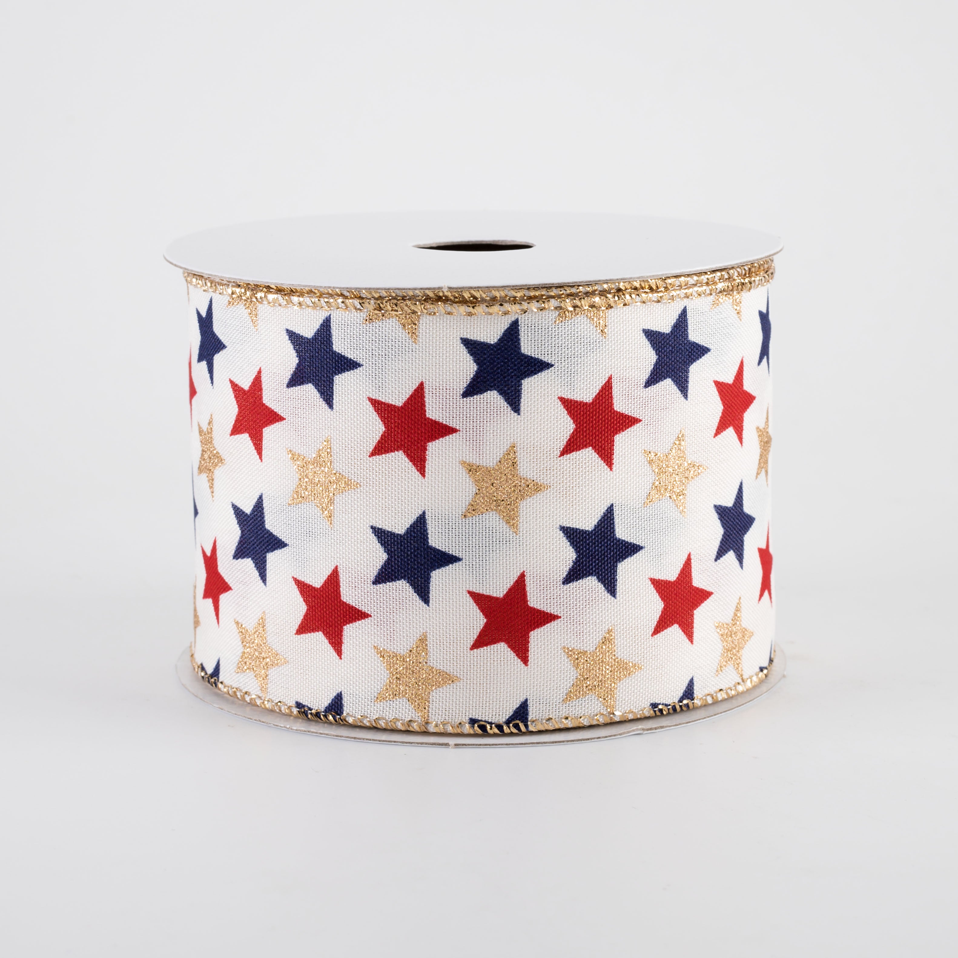 2.5" Glitter Stars Ribbon: Navy, Red & Gold on Ivory (10 Yards)