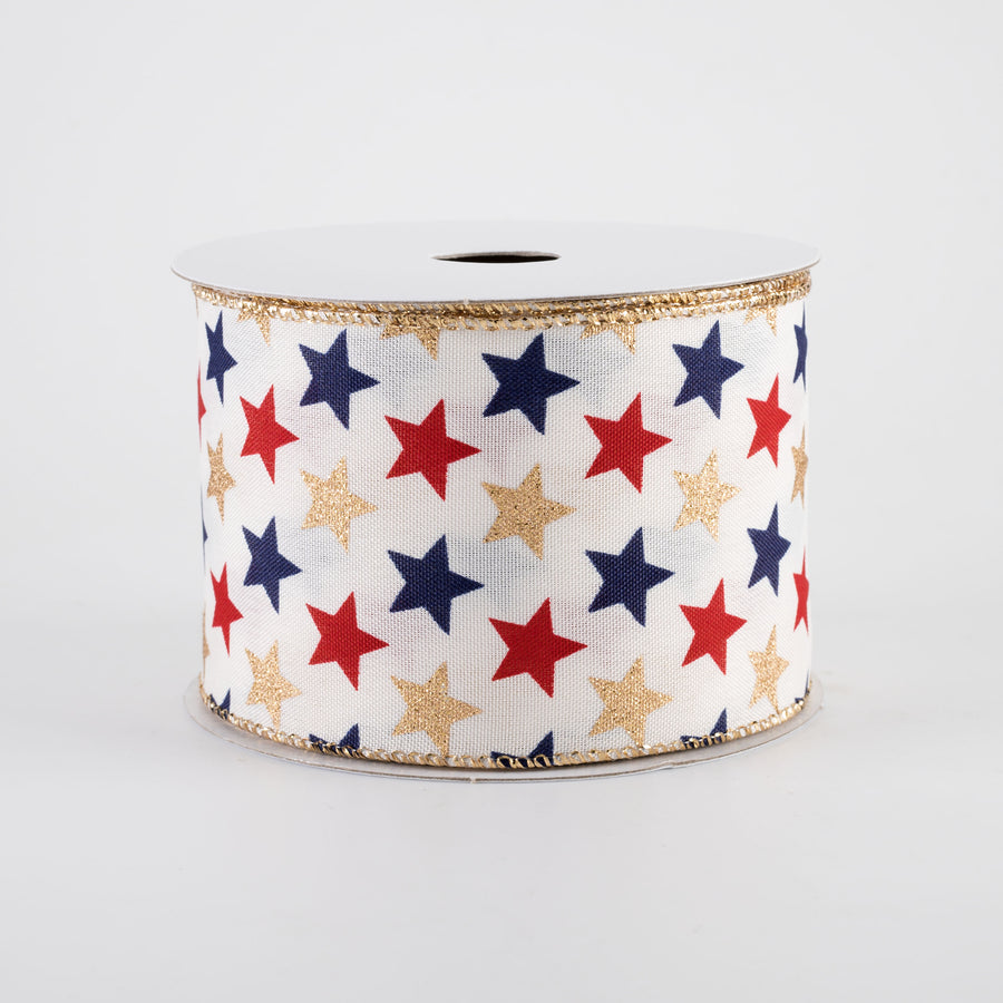 2.5" Glitter Stars Ribbon: Navy, Red & Gold on Ivory (10 Yards)
