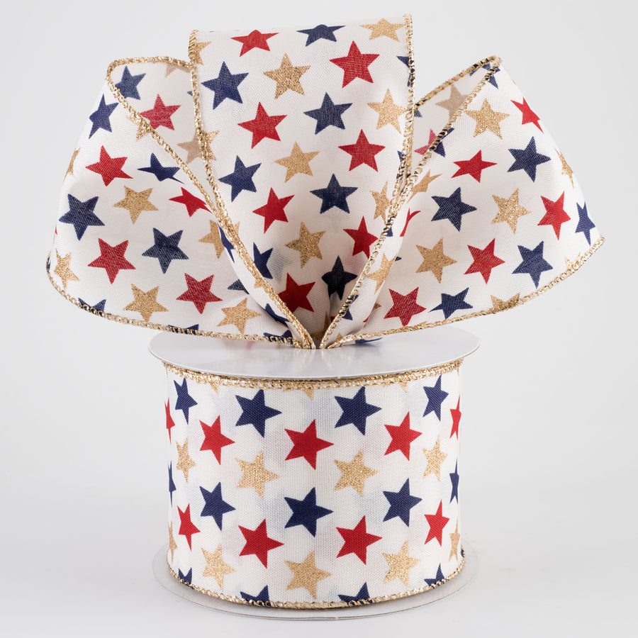 2.5" Glitter Stars Ribbon: Navy, Red & Gold on Ivory (10 Yards)