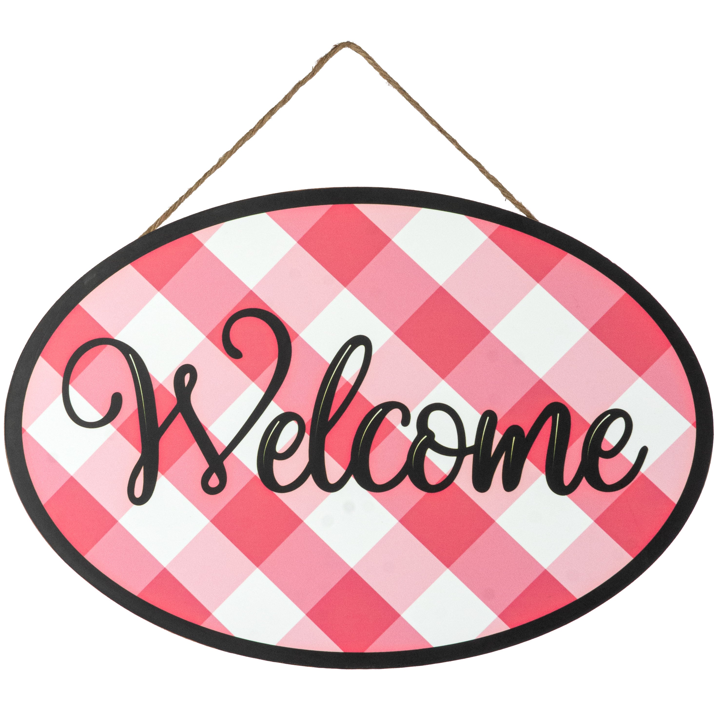 15" Oval Wooden Sign: Hot Pink Plaid Welcome