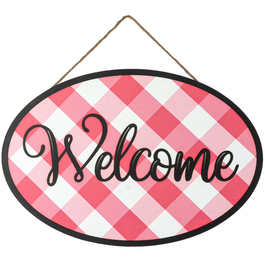 15" Oval Wooden Sign: Hot Pink Plaid Welcome