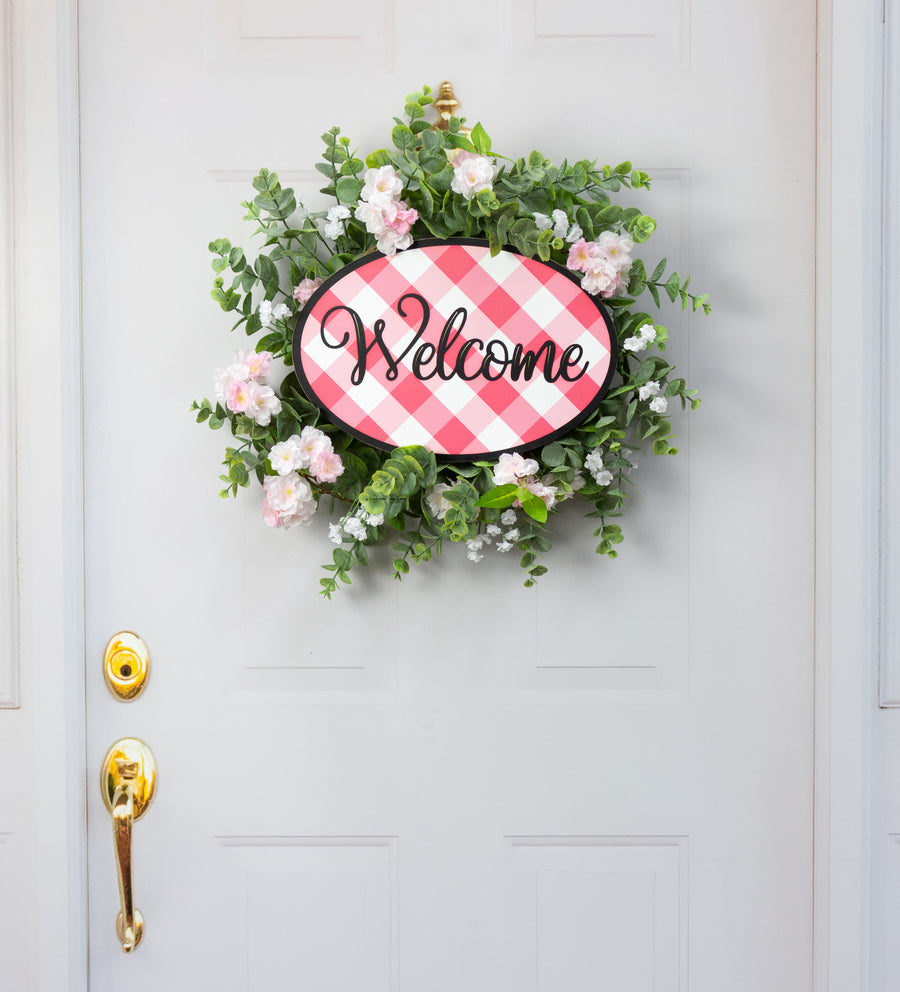 15" Oval Wooden Sign: Hot Pink Plaid Welcome