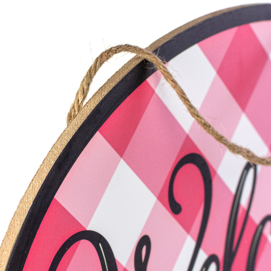 15" Oval Wooden Sign: Hot Pink Plaid Welcome