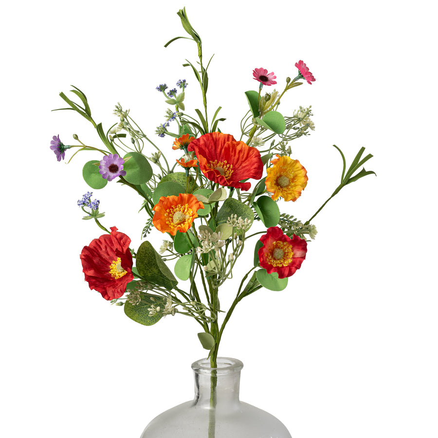 24" Mixed Fabric Poppy Spray: Multicolor